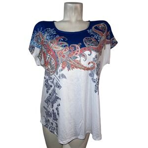 Zenergy by Chicos Size M (1) Blue White Paisley Floral Short Sleeve Top Shirt